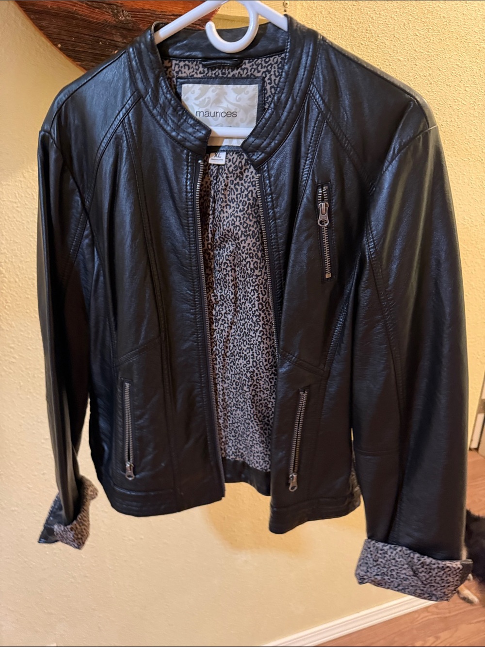 Maurices Black Faux Leather Moto Jacket with Leopard-Print Lining